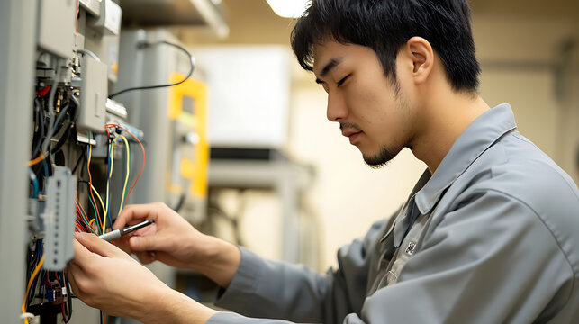 Technician carefully connecting wires in a control panel. Precision and expertise are crucial for this electrical work, ensuring system reliability.