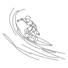 Single continuous line drawing young professional surfer in action riding the waves on blue ocean. Extreme waterspout concept. Summer vacation. Trendy one line draw design vector illustration graphic.