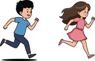 Cartoon illustration of happy boy in blue shirt and smiling girl in pink dress running together, playful children, fun activity