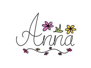 Name Anna ,lettering, doodle,one line,flowers patterns. Card with beautiful name Anna in flowers. Female name decorative lettering type design
