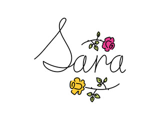 Name Sara ,lettering, doodle,one line,flowers patterns. Card with beautiful name Sara in flowers. Female name decorative lettering type design