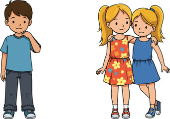 Cute cartoon illustration of one boy standing and two girls hugging, happy children characters, friendship, childhood, colorful clothing, smiling faces, playful kids
