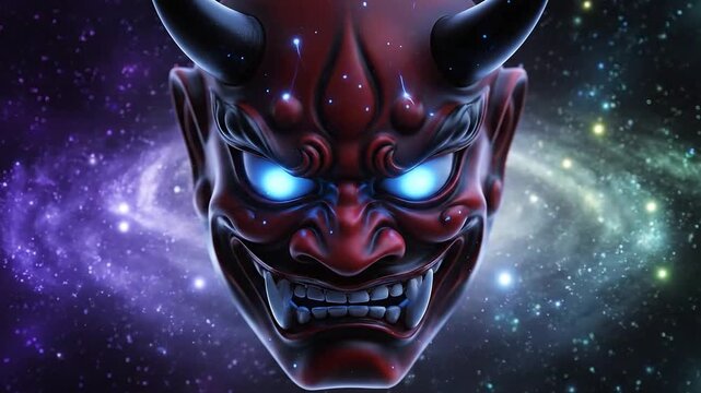 Enigmatic oni mask glares with cosmic power, glowing eyes piercing the ethereal galaxy, a striking display of mythic energy