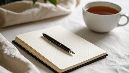Warm cup of tea beside an open notebook and pen with sunrise city view. Concept of creativity, mindfulness, journaling, and peaceful morning routine for writers or dreamers.
