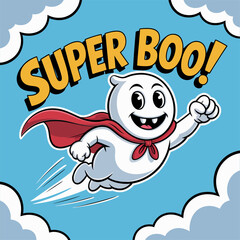 Super boo ghost hero, red cape flying, comic style clouds, cheerful holiday character, retro cartoon sticker, vector artwork