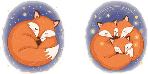 Cute sleeping fox, family of foxes, night sky background, cozy woodland animals, dreamy stars, peaceful wildlife, adorable illustration, bedtime artwork, cartoon