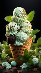 Delicious Mint Ice Cream with Chocolate Chunks and Fresh Mint Leaves.