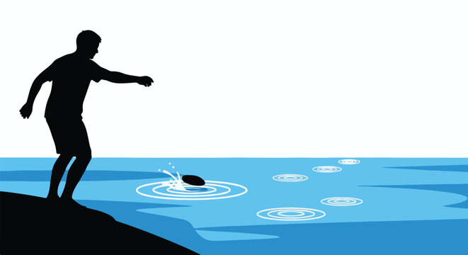 Silhouette of a man throwing a stone into blue water creating ripples on the surface graphic minimalist recreation throwing stone on lake  recreation