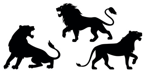 Vector Silhouette Set of Lions Roaring Walking and Resting Poses