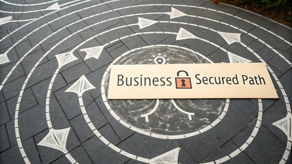 Business continuity pathway concept showing secured route with directional arrows on a paved surface