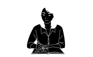 ノートにペンで書き込みテーブルで勉強する女性の線画スタイルアイコン