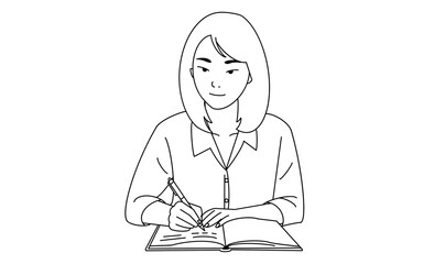ノートにペンで書き込みテーブルで勉強する女性の線画スタイルアイコン