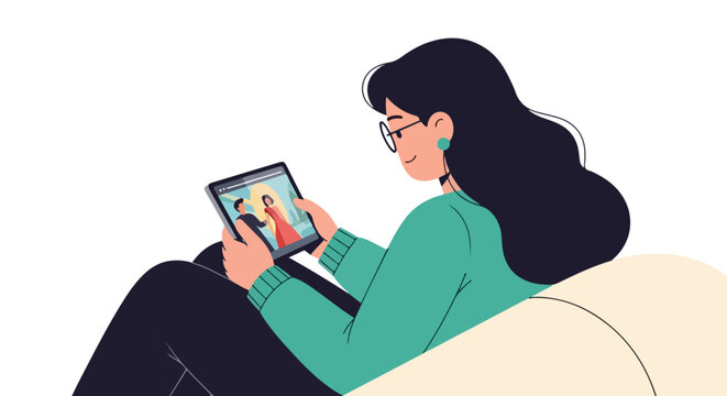 Relaxed woman browsing tablet, engaging with digital content from the comfort of home, enjoying leisure time with modern technology