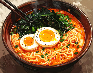 A hot, steaming bowl of Japanese ramen soup with noodles, a soft-boiled egg, and nori. A classic, delicious, and savory Asian dish. Generative AI