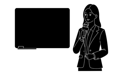 プレゼンを行うビジネス女性のモノクロ素材イラストアイコン