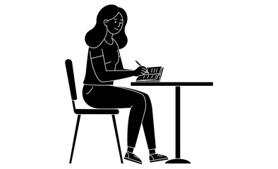 Fototapeta premium ノートにペンで書き込みテーブルで勉強する女性の線画スタイルアイコン