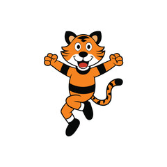 Excited cartoon tiger mascot jumps for joy with arms raised wearing striped shirt and shorts vector