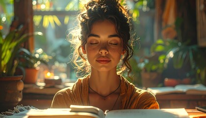 Woman reading a book in a sunlit room filled with plants.