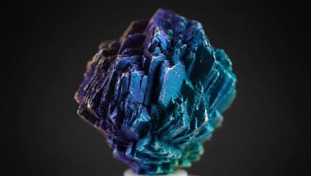 Close-up of a stunning iridescent bismuth crystal showcasing intricate geometric facets, metallic sheen, and vibrant rainbow colors on a dark background.