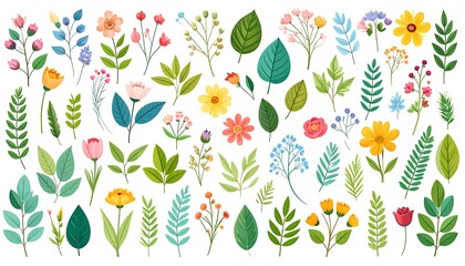 Colorful floral collection. Flat design of various flowers and leaves
