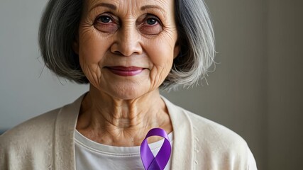 Elderly woman with purple ribbon expresses support for alzheimer?s awareness in thoughtful sequence