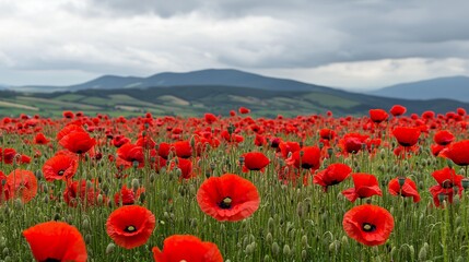 A vibrant field of red poppies stretches across rolling hills under a cloudy sky.