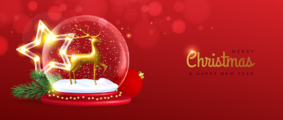 Christmas holiay snow globe with 3D golden deer statuette and Christmas tree on red background. Vector illustration