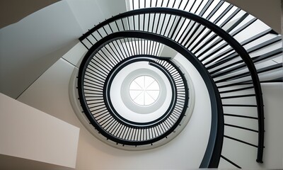 Architectural Marvel Black Spiral Staircase with Central Skylight Below Eye Level View