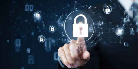 Professional Cybersecurity Businessperson Performing Vulnerability Assessment with Digital Lock Icon for Modern Secure Corporate Marketing Campaigns