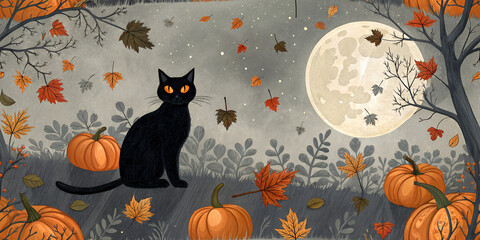 Black Cat with Moon Seamless Pattern, Magical Halloween October Events Artwork