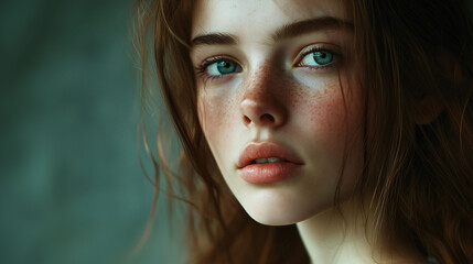 Cinematic Studio Portrait of Young Woman with green eye, professional shooting