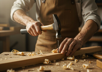 Close up of carpenter hammering nail into wood plank in workshop with tools