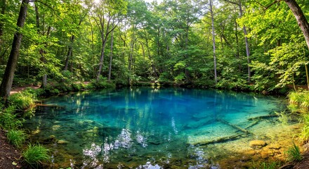 Obraz premium “Blue Eye natural spring with crystal clear water surrounded by trees.”_123328_PerfectlyClear