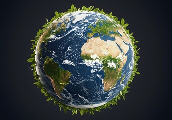 Naklejka premium A vibrant, lush Earth, encircled by a ring of green leaves, symbolizing environmental health and nature's embrace.