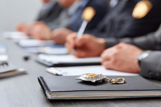 Professional police training session with officers taking notes on law enforcement protocols, authentic high-quality corporate education content