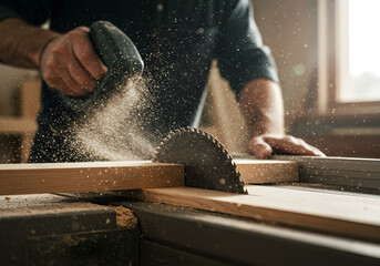 Carpenter cutting wood with table saw in workshop with sawdust flying around blade