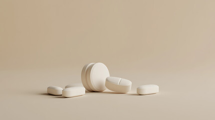 Pills on beige background. Several white pills of different shapes and sizes are arranged on a smooth, neutral backdrop. Medicine concept.