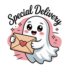 special delivery note, flying ghost messenger, heart stamped envelope, friendly mail art, cute celebration sticker vector