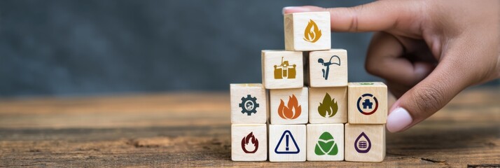 Professional Workplace Safety Concept with Wooden Blocks and Fire Prevention Icons Modern Risk Management for Corporate and Marketing Content