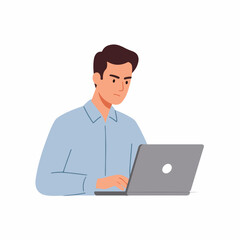 Simple Flat Style Young Man Working on Laptop Illustration