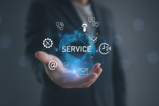 Global service technology with futuristic digital icons, business communication, customer support system, 24 hour availability, artificial intelligence in enterprise solutions and technical assistance