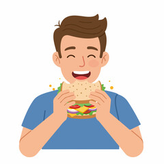 Cheerful Flat Illustration of Man Enjoying a Delicious Burger Meal