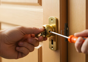 Close up of a locksmith repairing a door lock with a screwdriver and key