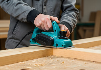 Closeup of a carpenter using a power planer to smooth a wooden surface