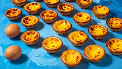 Fototapeta premium Baked egg tarts arranged on a blue surface