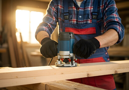 Carpenter using a router on a wooden plank in a workshop with natural sunlight