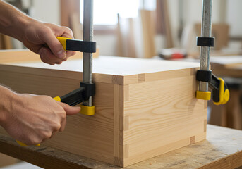 Closeup of a woodworker using clamps to secure a wooden box in a workshop setting