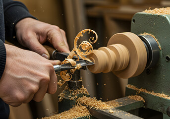Closeup of a woodworker using a lathe to shape a piece of wood in a workshop setting