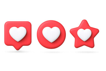 3d illustration of set of red like notification icons with white heart isolated on transparent background