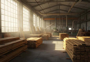 Interior of a woodworking factory with stacks of lumber and sunlight coming through windows